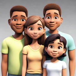 Three friends with dynamic features. A short, light-skinned girl stands beside two tall boys, one thin with a slightly darker skin tone, the other chubby with a light brown skin complexion.