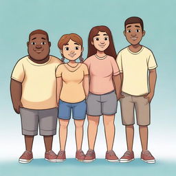 Three friends with dynamic features. A short, light-skinned girl stands beside two tall boys, one thin with a slightly darker skin tone, the other chubby with a light brown skin complexion.