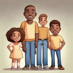 Three friends with dynamic features. A short, light-skinned girl stands beside two tall boys, one thin with a slightly darker skin tone, the other chubby with a light brown skin complexion.