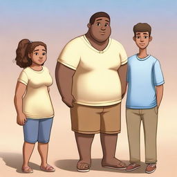 Three friends with dynamic features. A short, light-skinned girl stands beside two tall boys, one thin with a slightly darker skin tone, the other chubby with a light brown skin complexion.