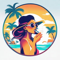 A vibrant logo featuring a stylish lady vaping on pristine white sands, with sea waves crashing in the background and surrounded by lush palm trees.