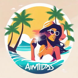 A vibrant logo featuring a stylish lady vaping on pristine white sands, with sea waves crashing in the background and surrounded by lush palm trees.