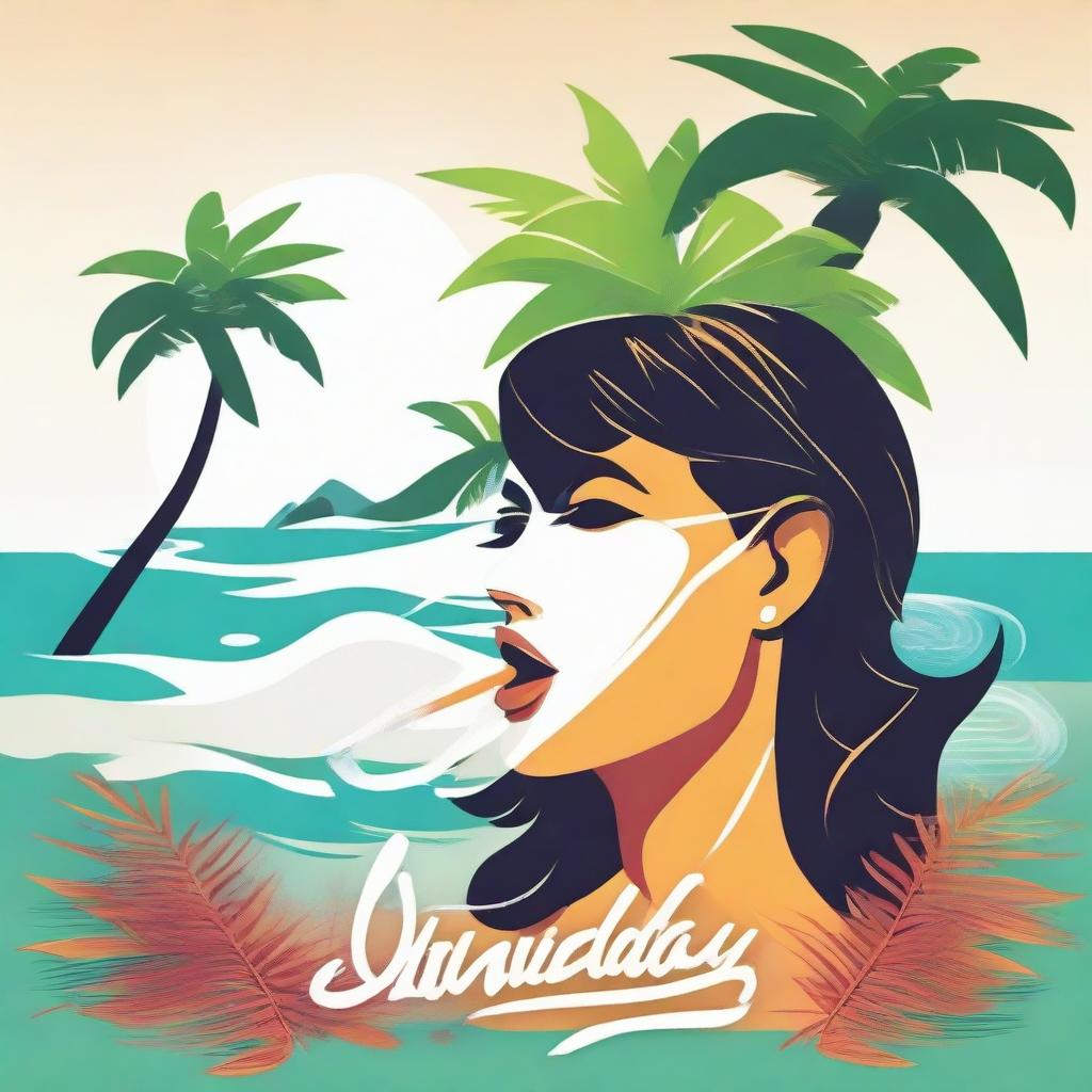 A vibrant logo featuring a stylish lady vaping on pristine white sands, with sea waves crashing in the background and surrounded by lush palm trees.