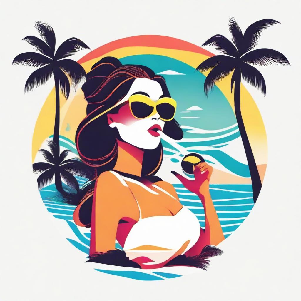 A vibrant logo featuring a stylish lady vaping on pristine white sands, with sea waves crashing in the background and surrounded by lush palm trees.