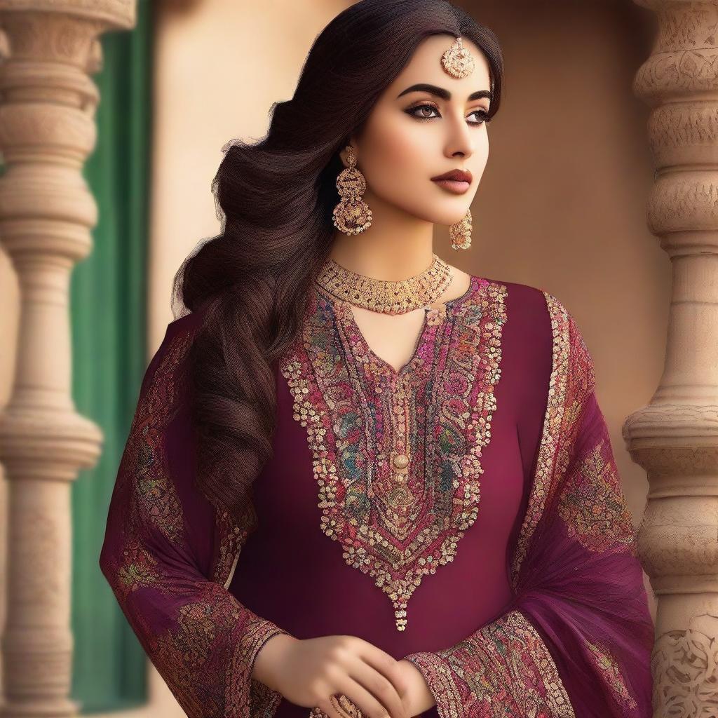 A high-quality digital portrait of a curvy Pakistani woman confidently showcasing her traditional attire, the shalwar qamiz