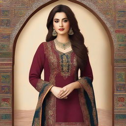 A high-quality digital portrait of a curvy Pakistani woman confidently showcasing her traditional attire, the shalwar qamiz