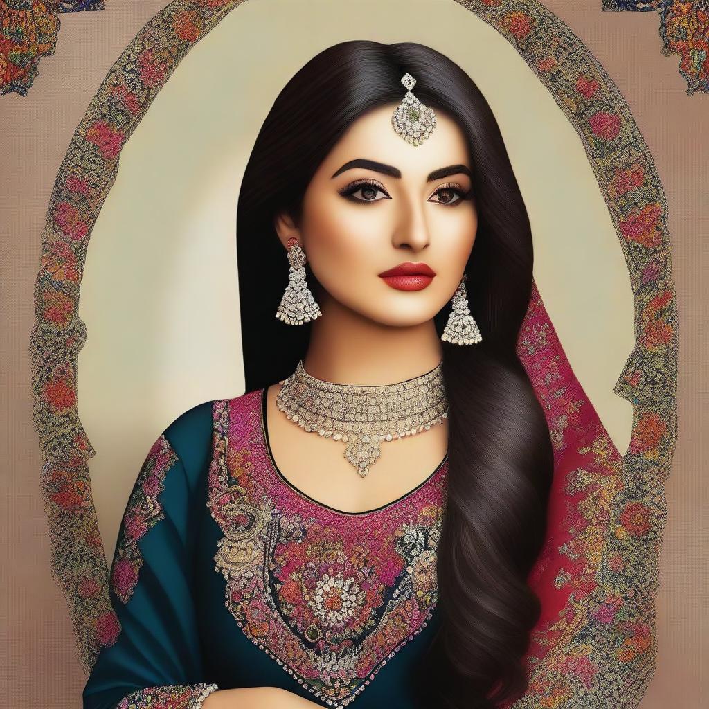 A high-quality digital portrait of a curvy Pakistani woman confidently showcasing her traditional attire, the shalwar qamiz