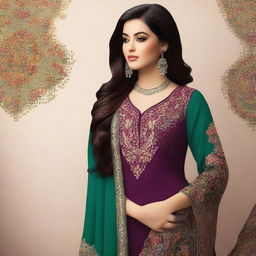 A high-quality digital portrait of a curvy Pakistani woman confidently showcasing her traditional attire, the shalwar qamiz