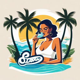 A vibrant logo featuring a stylish lady vaping on pristine white sands, with sea waves crashing in the background and surrounded by lush palm trees.