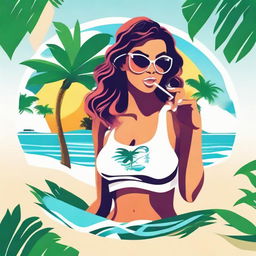 A vibrant logo featuring a stylish lady vaping on pristine white sands, with sea waves crashing in the background and surrounded by lush palm trees.