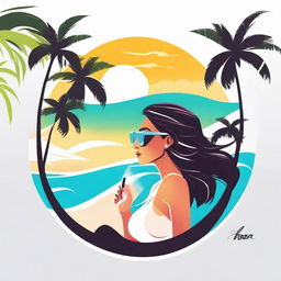 A vibrant logo featuring a stylish lady vaping on pristine white sands, with sea waves crashing in the background and surrounded by lush palm trees.