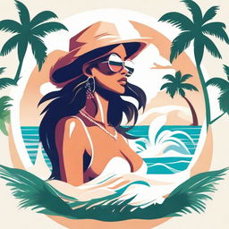 A vibrant logo featuring a stylish lady vaping on pristine white sands, with sea waves crashing in the background and surrounded by lush palm trees.