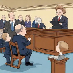 Judge Judy presiding over a light-hearted case involving Vladimir Putin and Benjamin Netanyahu, with a backdrop of an attentive audience of children in a brightly lit, professional courtroom setting.