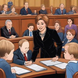 Judge Judy presiding over a light-hearted case involving Vladimir Putin and Benjamin Netanyahu, with a backdrop of an attentive audience of children in a brightly lit, professional courtroom setting.