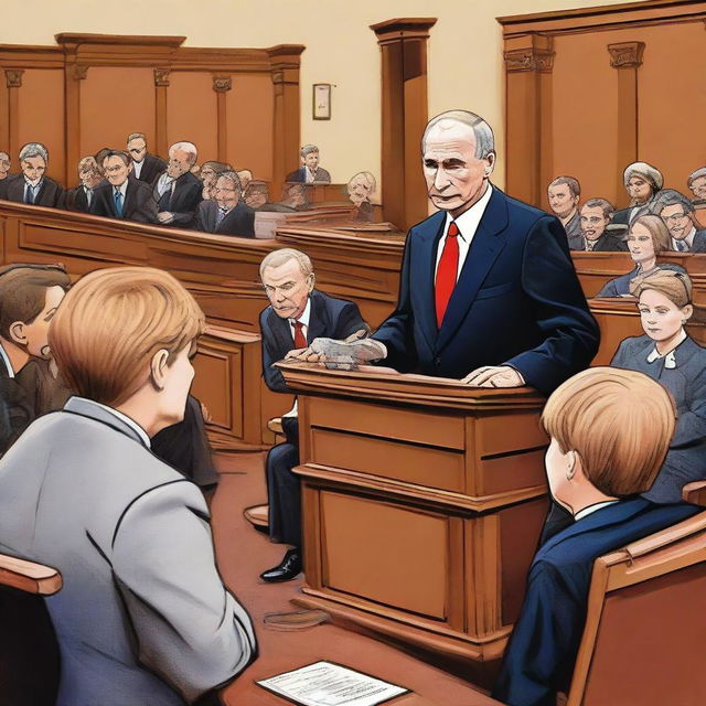 Judge Judy presiding over a light-hearted case involving Vladimir Putin and Benjamin Netanyahu, with a backdrop of an attentive audience of children in a brightly lit, professional courtroom setting.