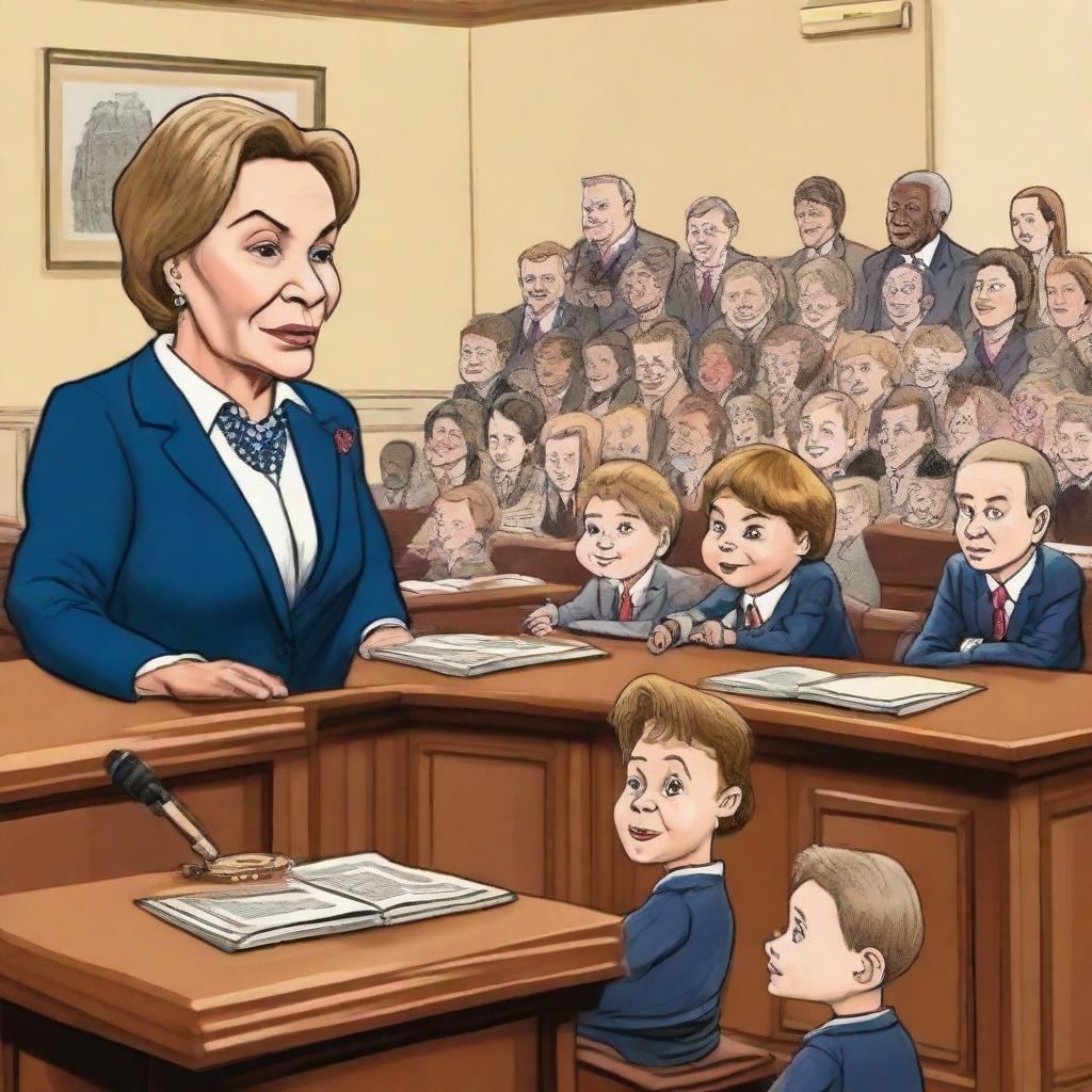 Judge Judy presiding over a light-hearted case involving Vladimir Putin and Benjamin Netanyahu, with a backdrop of an attentive audience of children in a brightly lit, professional courtroom setting.