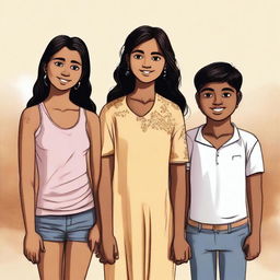 Three close Indian friends. A short, light-skinned girl standing with two tall boys - one thin and dark-skinned, the other chubby and light brown-skinned. They all exude a strong sense of companionship.