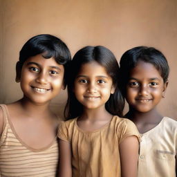 Three close Indian friends. A short, light-skinned girl standing with two tall boys - one thin and dark-skinned, the other chubby and light brown-skinned. They all exude a strong sense of companionship.