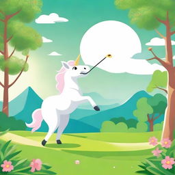 A charming unicorn in full swing, playing golf on a lush, vibrant course under a clear sky.