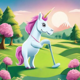 A charming unicorn in full swing, playing golf on a lush, vibrant course under a clear sky.