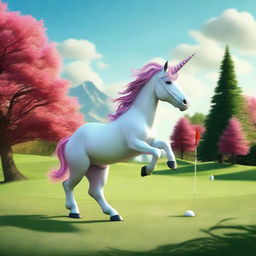 A charming unicorn in full swing, playing golf on a lush, vibrant course under a clear sky.