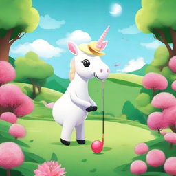 A charming unicorn in full swing, playing golf on a lush, vibrant course under a clear sky.