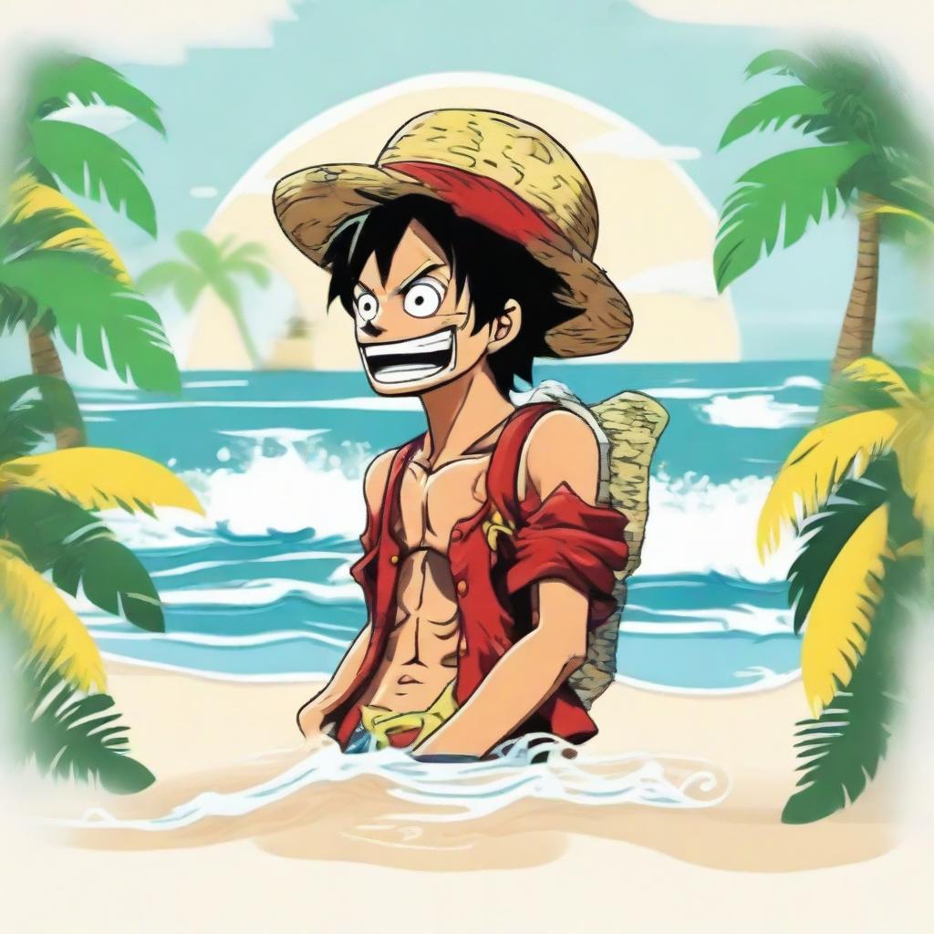 A vibrant logo featuring the character Luffy from One Piece, vaping on a white sandy beach with sea waves crashing nearby and surrounded by lush palm trees.