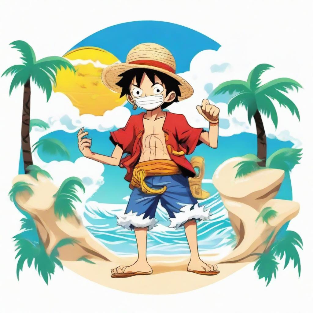 A vibrant logo featuring the character Luffy from One Piece, vaping on a white sandy beach with sea waves crashing nearby and surrounded by lush palm trees.