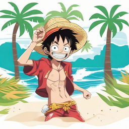 A vibrant logo featuring the character Luffy from One Piece, vaping on a white sandy beach with sea waves crashing nearby and surrounded by lush palm trees.