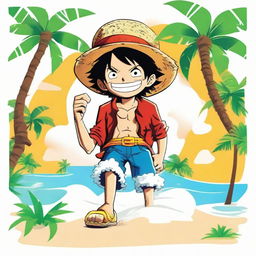 A vibrant logo featuring the character Luffy from One Piece, vaping on a white sandy beach with sea waves crashing nearby and surrounded by lush palm trees.