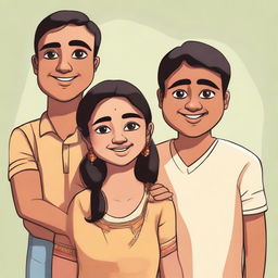 Three close Indian friends. A short, light-skinned girl stands with two tall boys - one thin and darker skinned, the other chubby with light brown skin. All of them personifying a strong sense of friendship.