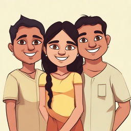 Three close Indian friends. A short, light-skinned girl stands with two tall boys - one thin and darker skinned, the other chubby with light brown skin. All of them personifying a strong sense of friendship.