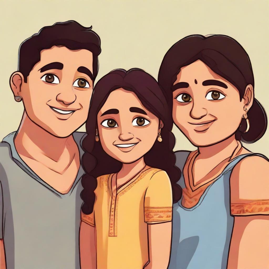 Three close Indian friends. A short, light-skinned girl stands with two tall boys - one thin and darker skinned, the other chubby with light brown skin. All of them personifying a strong sense of friendship.