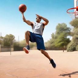 Salman, an athletic figure, competently plays basketball. He's captured in mid-air, about to dunk the ball into a hoop.