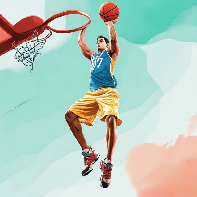 Salman, an athletic figure, competently plays basketball. He's captured in mid-air, about to dunk the ball into a hoop.