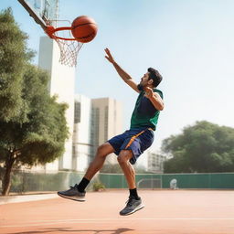 Salman, an athletic figure, competently plays basketball. He's captured in mid-air, about to dunk the ball into a hoop.