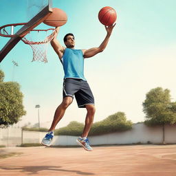 Salman, an athletic figure, competently plays basketball. He's captured in mid-air, about to dunk the ball into a hoop.