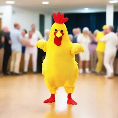 At the fancy-dress ball, Bob decided to dress up as a chicken and surprised everyone with his hilarious dance moves.