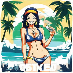 A vibrant logo featuring the character Nami from One Piece holding a sleek vape device as she stands on white sands, sea waves in the background, framed by lush palm trees.