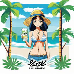 A vibrant logo featuring the character Nami from One Piece holding a sleek vape device as she stands on white sands, sea waves in the background, framed by lush palm trees.