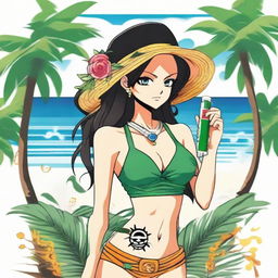 A vibrant logo featuring the character Nami from One Piece holding a sleek vape device as she stands on white sands, sea waves in the background, framed by lush palm trees.
