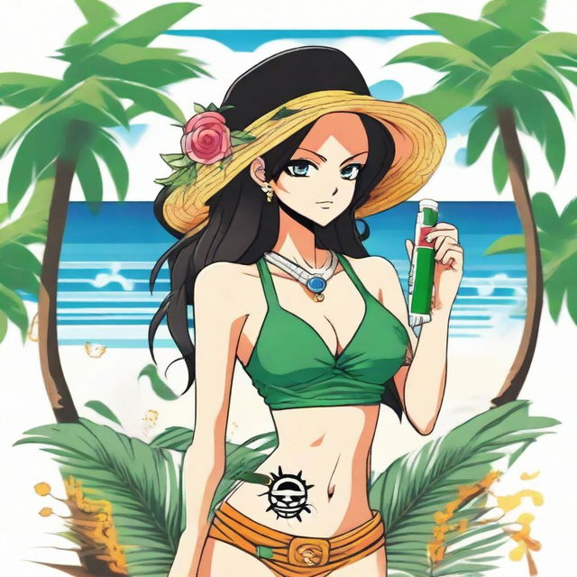 A vibrant logo featuring the character Nami from One Piece holding a sleek vape device as she stands on white sands, sea waves in the background, framed by lush palm trees.