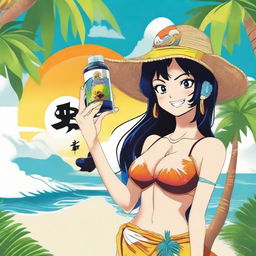 A vibrant logo featuring the character Nami from One Piece holding a sleek vape device as she stands on white sands, sea waves in the background, framed by lush palm trees.