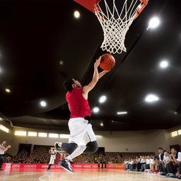 Salman, captured mid-action in an intense game of basketball, going for a dramatic slam dunk.