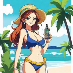 A vibrant logo featuring the character Nami from One Piece holding a sleek vape device as she stands on white sands, sea waves in the background, framed by lush palm trees.