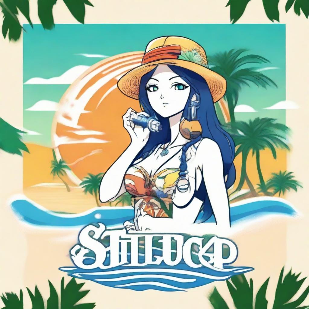 A vibrant logo featuring the character Nami from One Piece holding a sleek vape device as she stands on white sands, sea waves in the background, framed by lush palm trees.