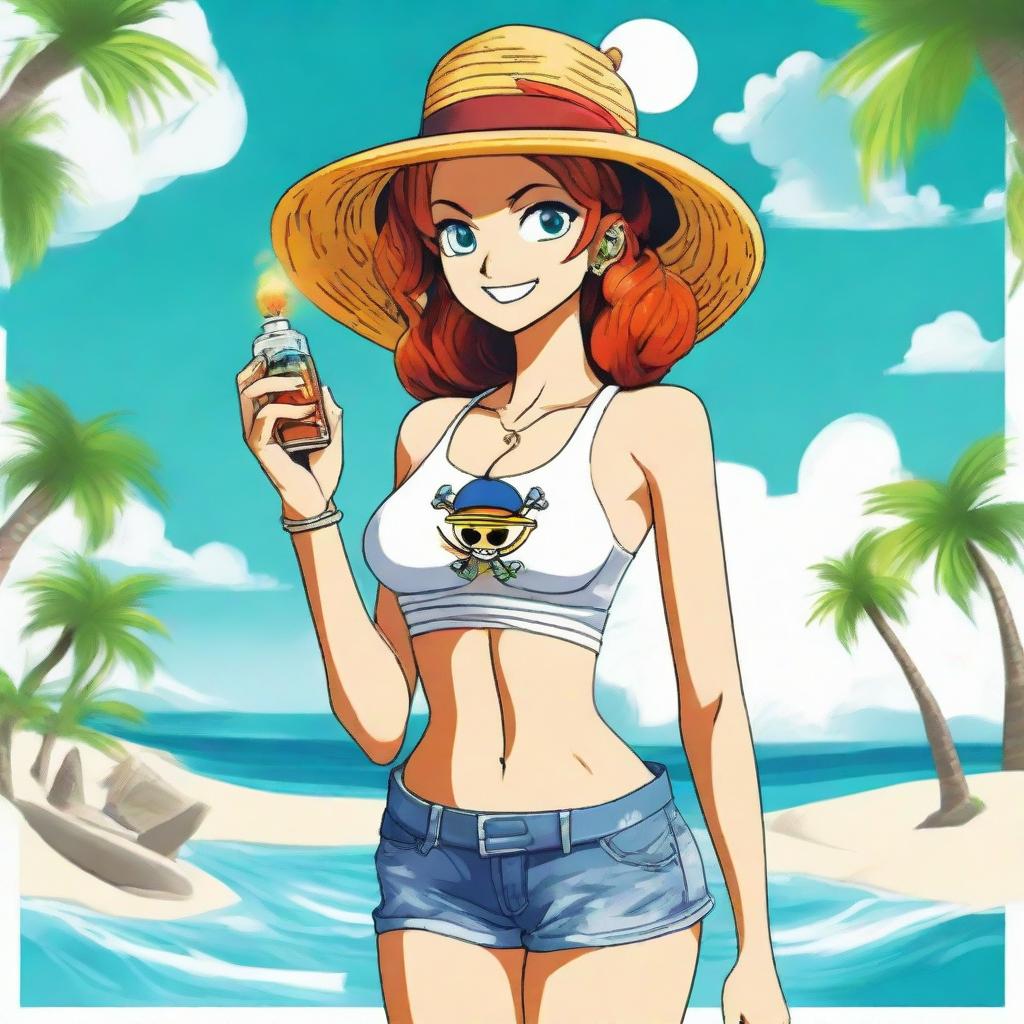 A vibrant logo featuring the character Nami from One Piece holding a sleek vape device as she stands on white sands, sea waves in the background, framed by lush palm trees.