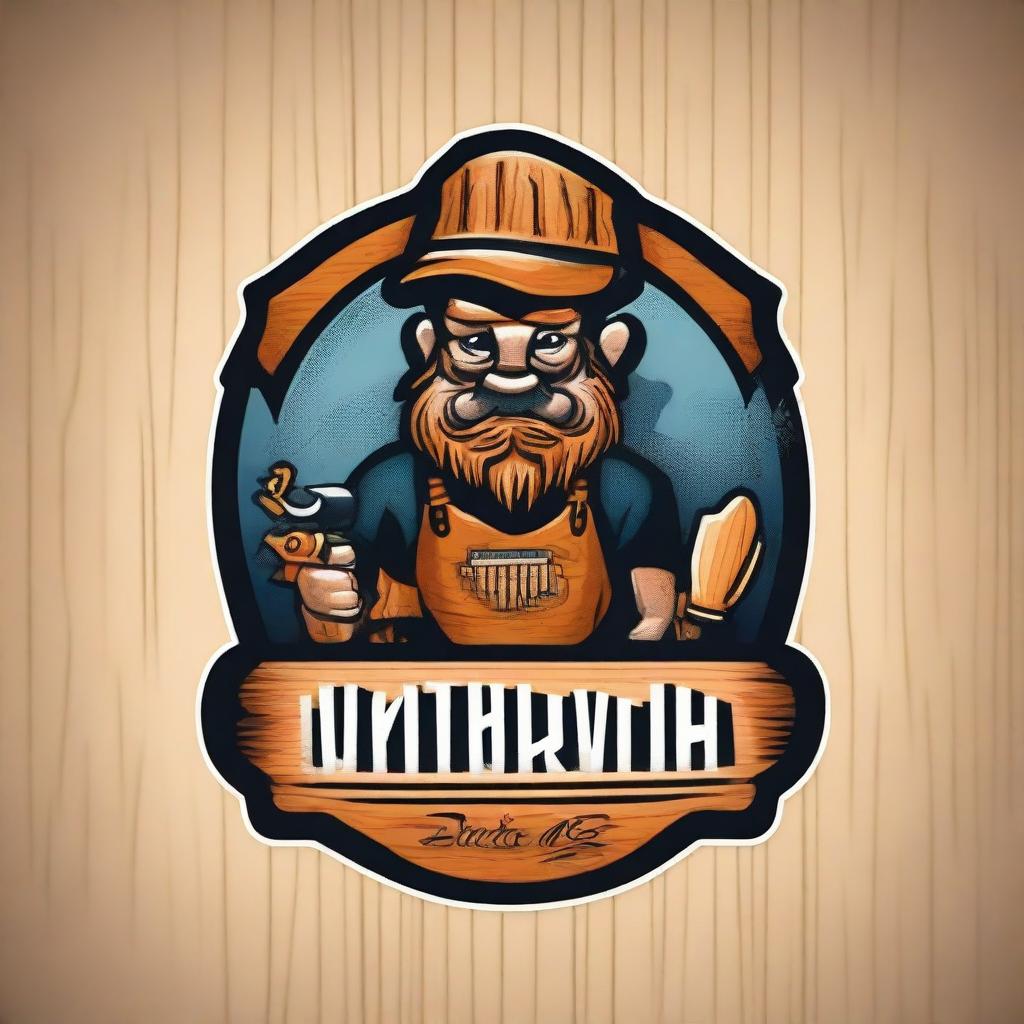 A humorous logo for a DIY woodworking business that combines elements of woodworking tools, wood grains, and playful caricature-style graphics.