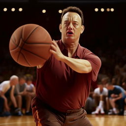 Tom Hanks, the beloved actor, brilliantly handling the basketball, ready to make a spectacular shot