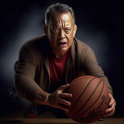 Tom Hanks, the beloved actor, brilliantly handling the basketball, ready to make a spectacular shot